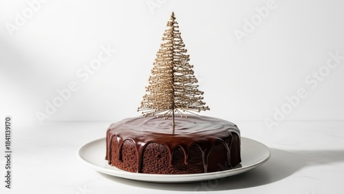 Rustic chocolate Christmas cake with glossy ganache drip and shimmering minimalist tree topper, cozy winter dessert on white plate for relaxed holiday gatherings and festive home celebrations

