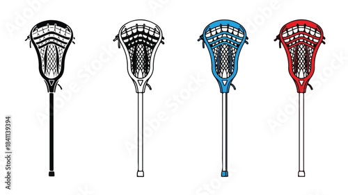 Four lacrosse sticks in black, white, blue, and red against a plain white background.