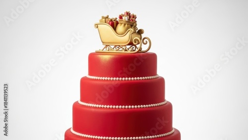 Luxurious red four-tier Christmas cake with golden sleigh filled with gifts, pearl borders and smooth fondant finish, glamorous holiday showpiece for weddings, parties, and festive events

