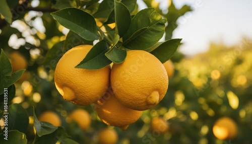 Close up of bright, ripe yellow lemons hanging from branch among green leaves in sunlit orchard, illustrating fresh citrus fruit farming and harvest