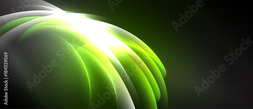 Abstract green light radiates from center. Smooth curves create dynamic, flowing visual effect. Dark background emphasizes bright glow.