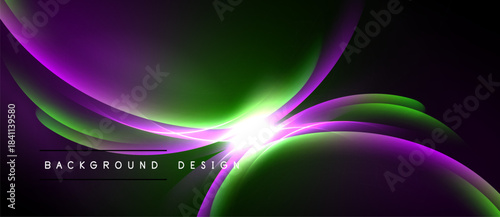 Abstract waves, vibrant purple, green hues blend. Light flares radiate from center. Dark background creates contrast, modern design element.