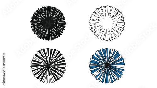 Four circular graphic designs with radiating lines in black, white, and blue on a white background.