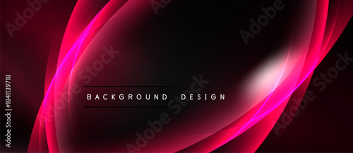 Abstract crimson waves over black backdrop. Modern design features glowing lines, elegant text reads background design. Smooth gradients create dynamic visual effect.