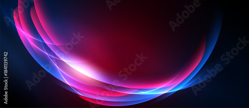 Abstract design features flowing curves, vibrant pinks, blues. Dark background emphasizes luminous shapes, creating dynamic visual impact.