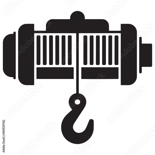Black silhouette of a winch with a hook and cable
