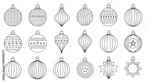 A set of 20 hand-drawn Christmas ornaments in various patterns and shapes on a white background.