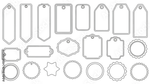 Collection of various blank label and tag outlines in different shapes and sizes on a white background with a minimalist design style.