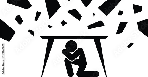 A silhouette of a person takes cover under a table while geometric debris falls from above