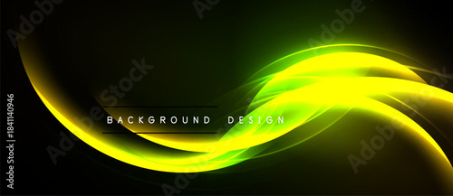Abstract yellow light curves over black background. Text reads background design. Modern, dynamic visual element.