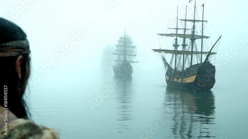 Indigenous person watches tall sailing ships appear on a misty island, a momentous encounter of worlds.
