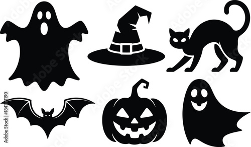 A spooky collection of classic black Halloween silhouettes featuring ghosts, a witch hat, and a carved pumpkin