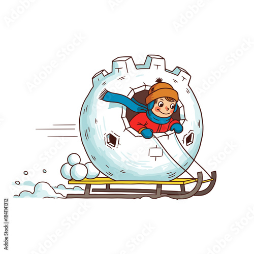 Child sliding on a sled made of snow in a winter park  