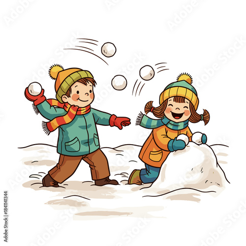 Kids having a fun snowball fight in park with snowmen and smiles  