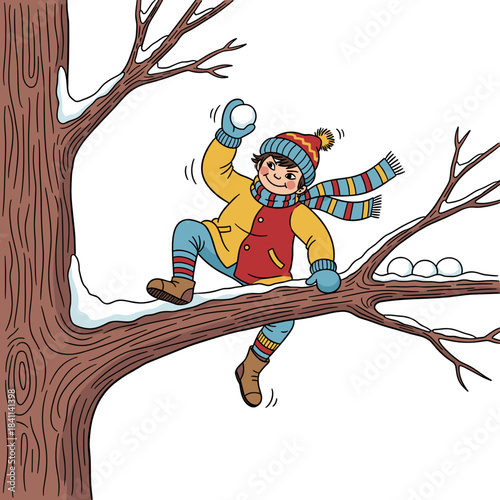 Kid sitting on tree branch preparing snowball for fun snowball fight  