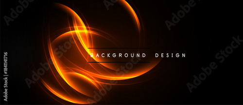 Abstract orange light curves over black background. Dynamic energy flows create elegant visual effect. Modern design element.