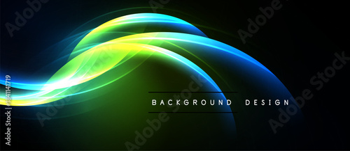 Abstract vibrant waves, flowing curves. Dark background highlights bright colors, creating dynamic visual effect. Modern design element.
