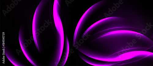 Abstract purple waves flow across black background. Smooth curves create dynamic, modern visual effect. Light glows softly.