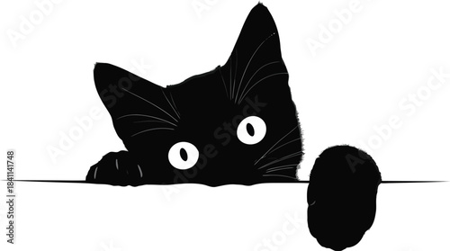 An alert black cat silhouette with wide white eyes and whiskers peeks with a paw on display