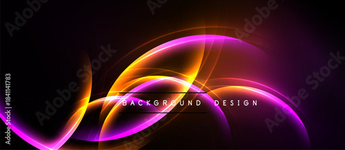 Abstract design features vibrant curves, glowing lines. Dark background enhances bright orange, purple hues. Modern, dynamic composition.