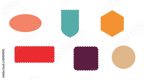 A flat lay of colorful fabric swatches arranged on a white background in various shapes.