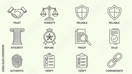 Set of Line Icons Representing Trust, Honesty, Reliability, Integrity, and Authenticity