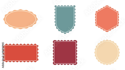 Flat lay of six colorful geometric shapes with scalloped edges on a white background.