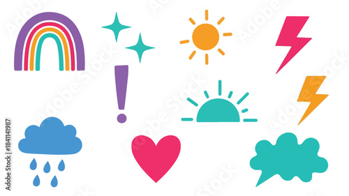 Flat lay of various colorful emoticon stickers on a white background, including a rainbow, sun, lightning bolt, and cloud with raindrops.