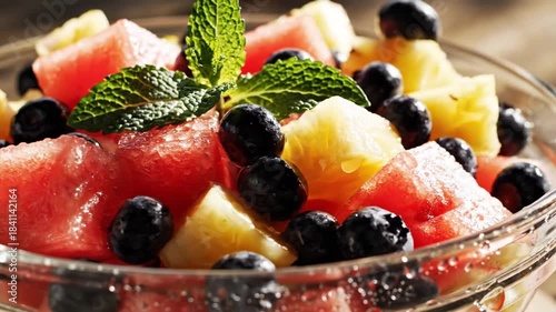 Close-up of a refreshing fruit salad with watermelon, pineapple, blueberries and a mint garnish