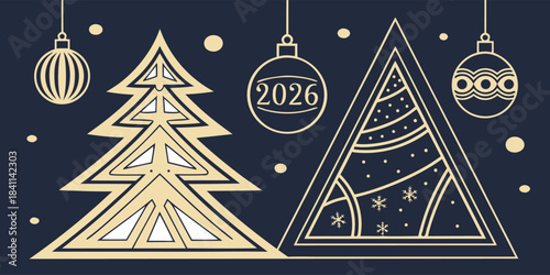 Merry Christmas and Happy New Year 2026 poster with geometric triangle background, stylized tree, baubles, snowflakes, modern festive vector design.