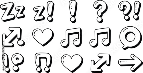 Collection of black and white cartoon bubble symbols including hearts music notes and arrows