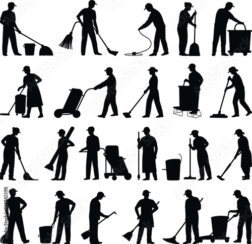 Collection of professional cleaning worker silhouettes showing various janitorial tasks, housekeeping equipment, sanitation tools, and maintenance activities in a detailed vector illustration set