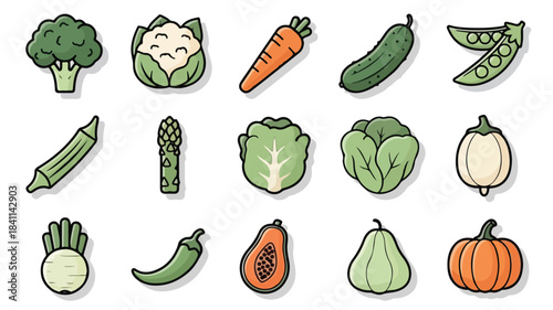 Flat lay illustration of various colorful vegetables and fruits on a white background with a graphic style.