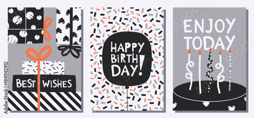 Stylish Birthday greeting cards set with gifts, balloon and cake