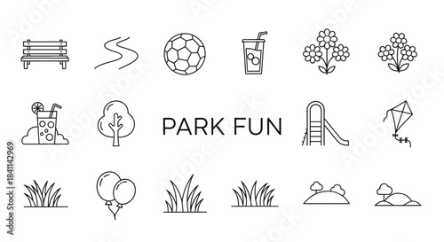 A collection of minimalist line icons representing park fun, featuring outdoor elements like benches, trees, grass, flowers, and recreational items such as soccer balls, slides, kites, and balloons.