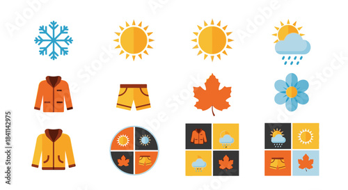 Colorful Season Icons Snowflake, Sun, Clothes, Leaf, and Flower Vector Pack