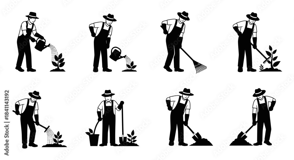 Obraz premium Black and white icons illustrating a gardener performing different tasks like watering, raking, digging, and planting.