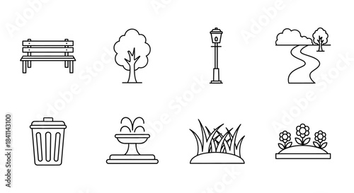 A collection of black and white line art icons depicting various park elements such as a bench, tree, lamp, path, trash can, fountain, grass, and flowers.