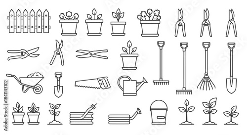 Line art collection of gardening tools and plants, including shovels, rakes, pruners, wheelbarrow, watering cans, and potted flowers.