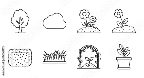 Line art icons depicting various elements of nature and gardening, including trees, clouds, flowers, grass, and potted plants.