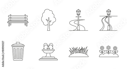 Park Elements Outline Icons Bench, Tree, Path, Trash Can, Fountain, Grass, Flowers