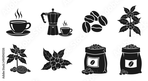Black and white icons illustrating various stages and forms of coffee, from plant to brewed beverage, including beans, cups, and moka pot.