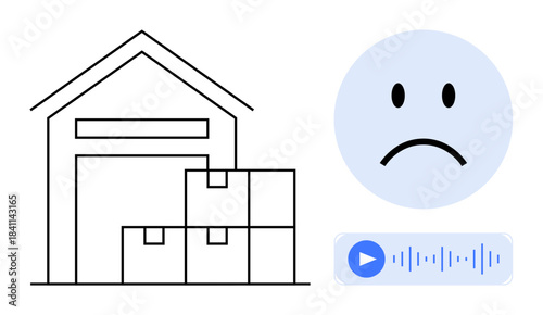 Warehouse concept. A warehouse building, boxed inventory, sad face emoticon, and audio waveform issues in warehouse operations. For logistics, supply chain, customer service, problem-solving