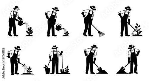 Black and white icons illustrating a gardener performing different tasks like watering, raking, digging, and planting.