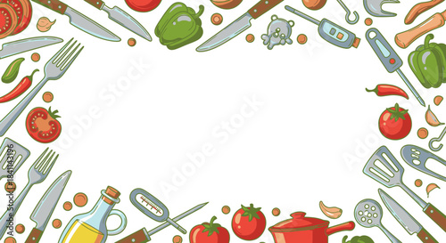 A vibrant culinary border illustration featuring various kitchen tools and fresh ingredients like tomatoes, peppers, and garlic, framing a central white space.