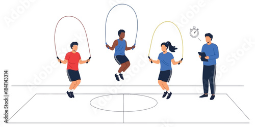 Diverse group of individuals engaged in jump rope fitness training with an instructor observing their performance on a sports court