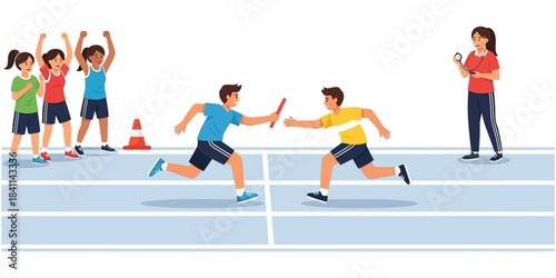 Athletes in a relay race passing a baton on a track, with cheering teammates and a coach observing the competition