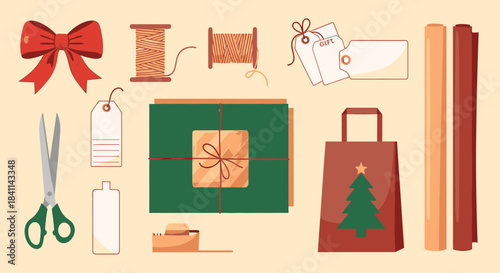 Assortment of festive Christmas gift wrapping materials and tools on a neutral background.