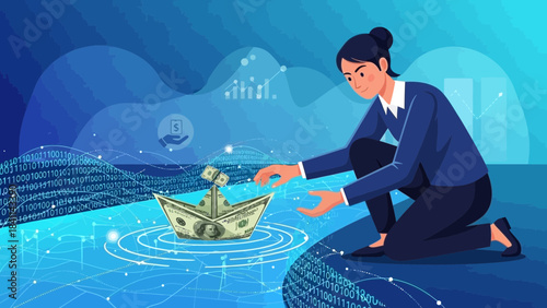 Female financial analyst carefully launching a paper boat made of money in a digital blue data flow, concept for investment strategy , global finance management  and fintech innovation 