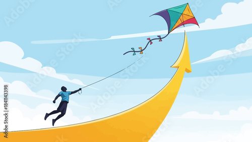 Businessman flying a colorful kite soaring high above a rising yellow arrow, concept for success journey, financial growth and ambition visualization